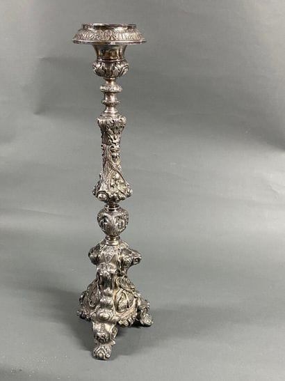 Large silver plated metal tripod candlestick,...