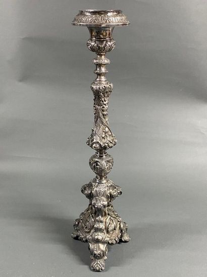 Large silver plated metal tripod candlestick,...