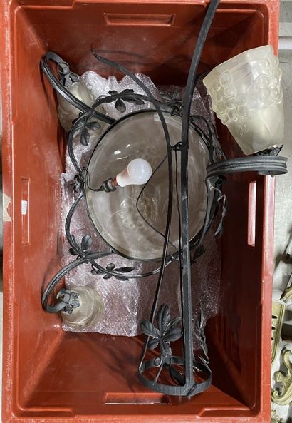 Wrought iron and lacquered metal four-light...