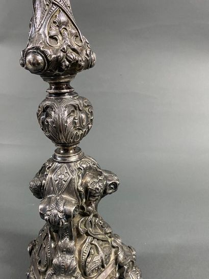 Large silver plated metal tripod candlestick,...
