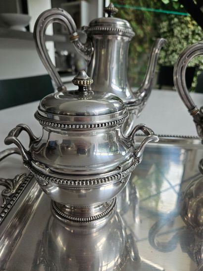 Four-piece tea and coffee set with a tray...