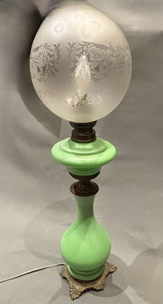 Green opaline glass kerosene lamp, electrically...