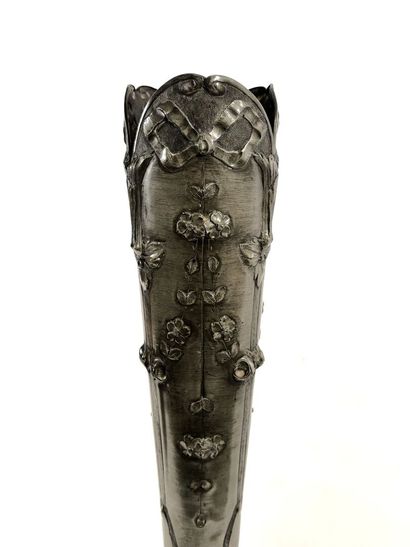 Long-necked pewter ball vase with repoussé...