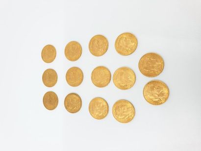 LOT DE QUATORZE PIECES 20 Francs or au coq
Cinq...