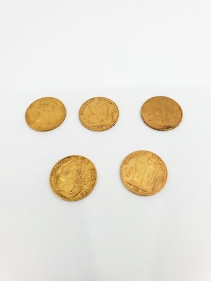 LOT DE CINQ PIECES 20 francs or 
Trois pièces...