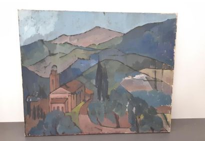 Non signée XXème
La chapelle dans les collines,
Huile...