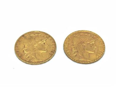 DEUX PIECES 20 francs or au coq 1901/1911
Poids...