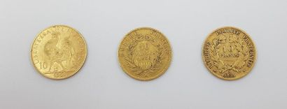 TROIS pièces de 10 francs or 
1851/1856 frappe...