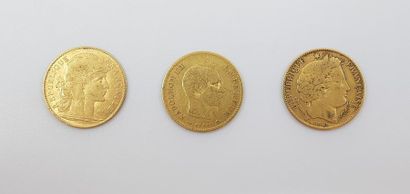 TROIS pièces de 10 francs or 
1851/1856 frappe...