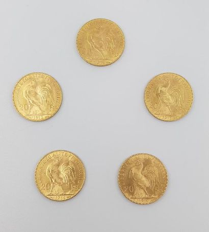 CINQ pièces de 20 francs au coq
Poids : 32,2...
