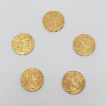CINQ pièces de 20 francs au coq
Poids : 32,2...