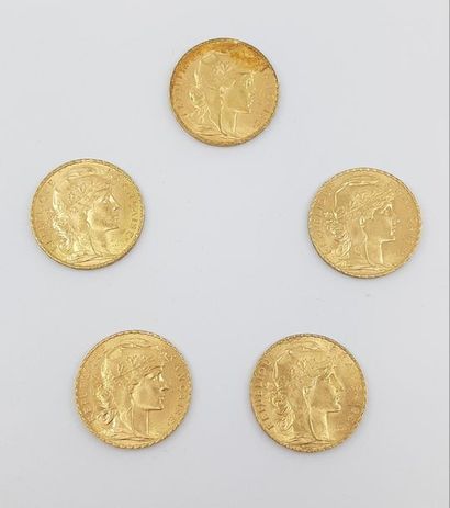 CINQ pièces de 20 francs au coq
Poids : 32,2...