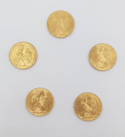 CINQ pièces de 20 francs au coq
Poids : 32,2...