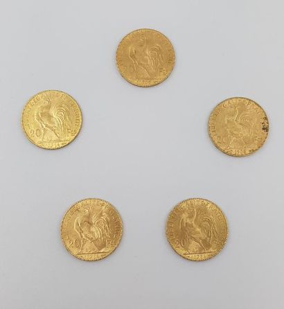 CINQ pièces de 20 francs au coq
Poids: 32,2...