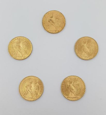 CINQ pièces de 20 francs au coq
Poids : 32,2...