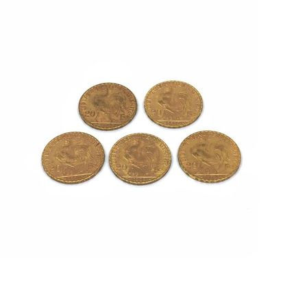 LOT de cinq pièces de 20 francs or au coq...