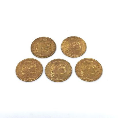 LOT de cinq pièces de 20 francs or au coq...