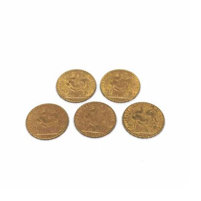 LOT de cinq pièces de 20 francs or au coq...