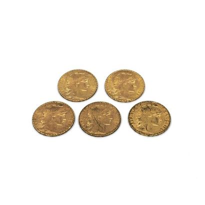 LOT de cinq pièces de 20 francs or au coq...