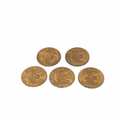 LOT de cinq pièces de 20 francs or au coq...