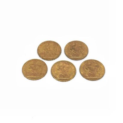 LOT de cinq pièces de 20 francs or au coq...