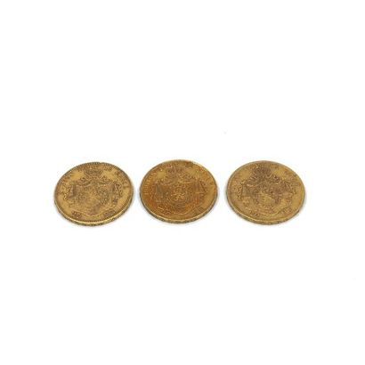LOT de trois pièces de 20 francs or Leopold...