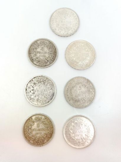 SEPT pièces en argent de cinq francs Hercule...