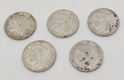 CINQ pièces de cinq francs en argent Cerès
1849/BB
1870/A
1871/K
Poids...