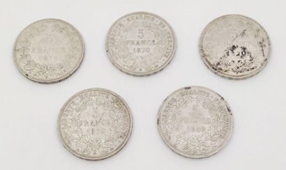 CINQ pièces de cinq francs en argent Cerès
1849/BB
1870/A
1871/K
Poids...
