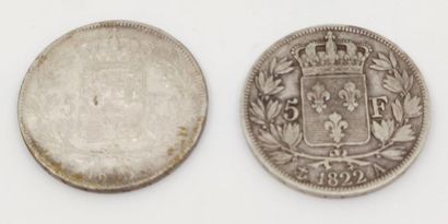 DEUX pièces Louis 18 en argent
1822-1823/A
Poids...