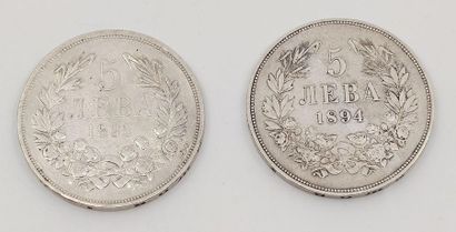 DEUX pièces de 5 Leva Bulgare en argent 
1892/1894
poids...