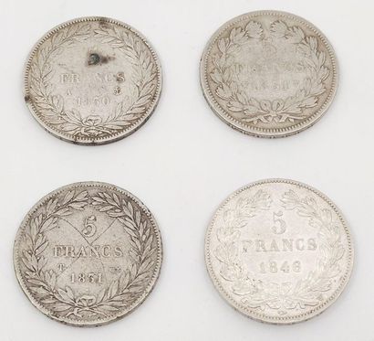 QUATRE pièces de 5 Francs en argent Louis...
