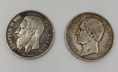 DEUX pièces de 5 francs Leopold 1er et Leopold...