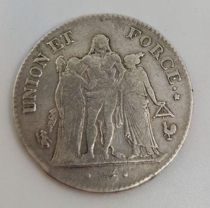 CINQ francs l'An 7 en argent frappe A Union...