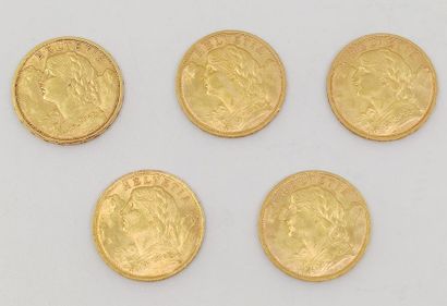 LOT de cinq pièces de 20 francs or suisse...