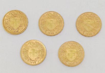 LOT de cinq pièces de 20 francs or suisse...