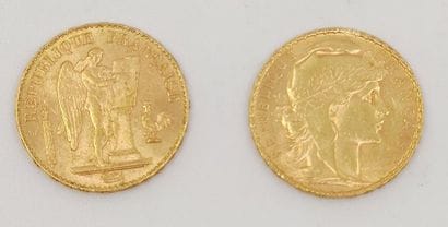 LOT de deux pièces 20 francs or :
20 francs...