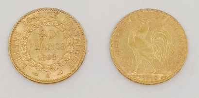 LOT de deux pièces 20 francs or :
20 francs...