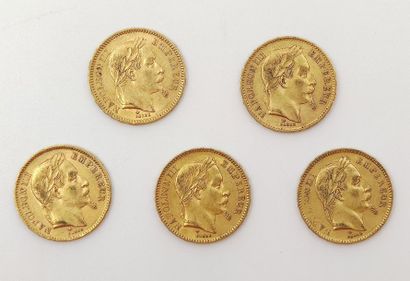 CINQ Pièces de Vingt Francs or Napoléon III...