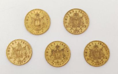 CINQ Pièces de Vingt Francs or Napoléon III...