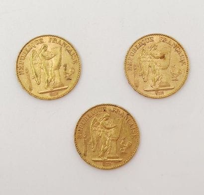 TROIS pièces Vingt Francs Or République 1896/A
Poids...