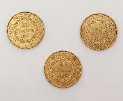 TROIS pièces Vingt Francs Or République 1896/A
Poids...