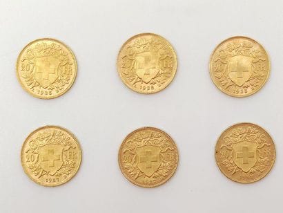 SIX Pièces Vingt Francs or Suisse 1935, 1927B
Poids...