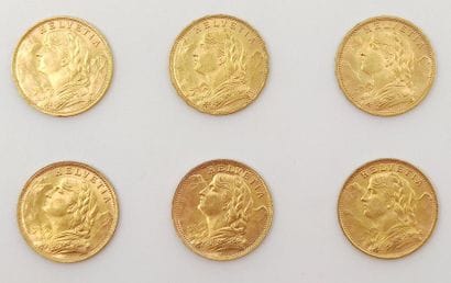 SIX Pièces Vingt Francs or Suisse 1935, 1927B
Poids...