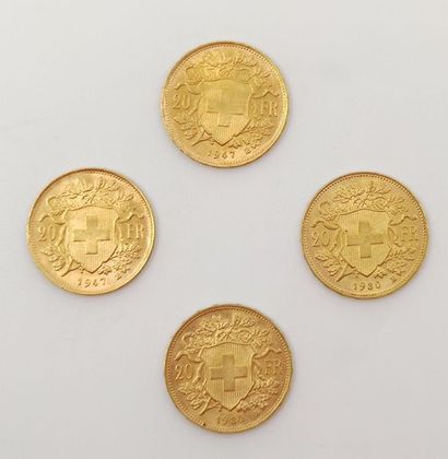 QUATRE Pièces Vingt Francs or Suisse 1930B,...