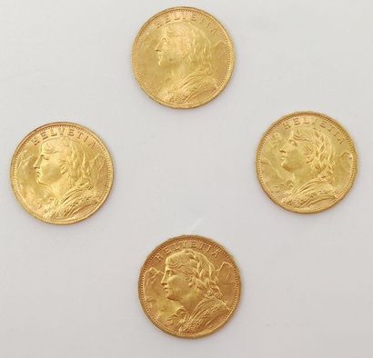 QUATRE Pièces Vingt Francs or Suisse 1930B,...
