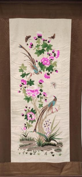 Embroidered silk TAPESTRIES representing...