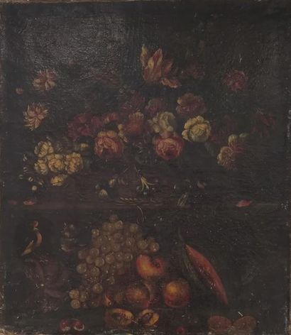 
Still life with flowers and fruits and bird...