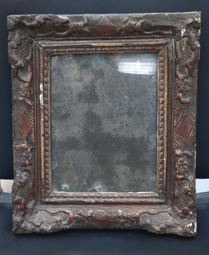 SMALL carved wooden mirror tinted with mercury...