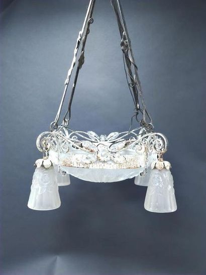 DEGUE
Wrought iron chandelier, moulded-pressed...